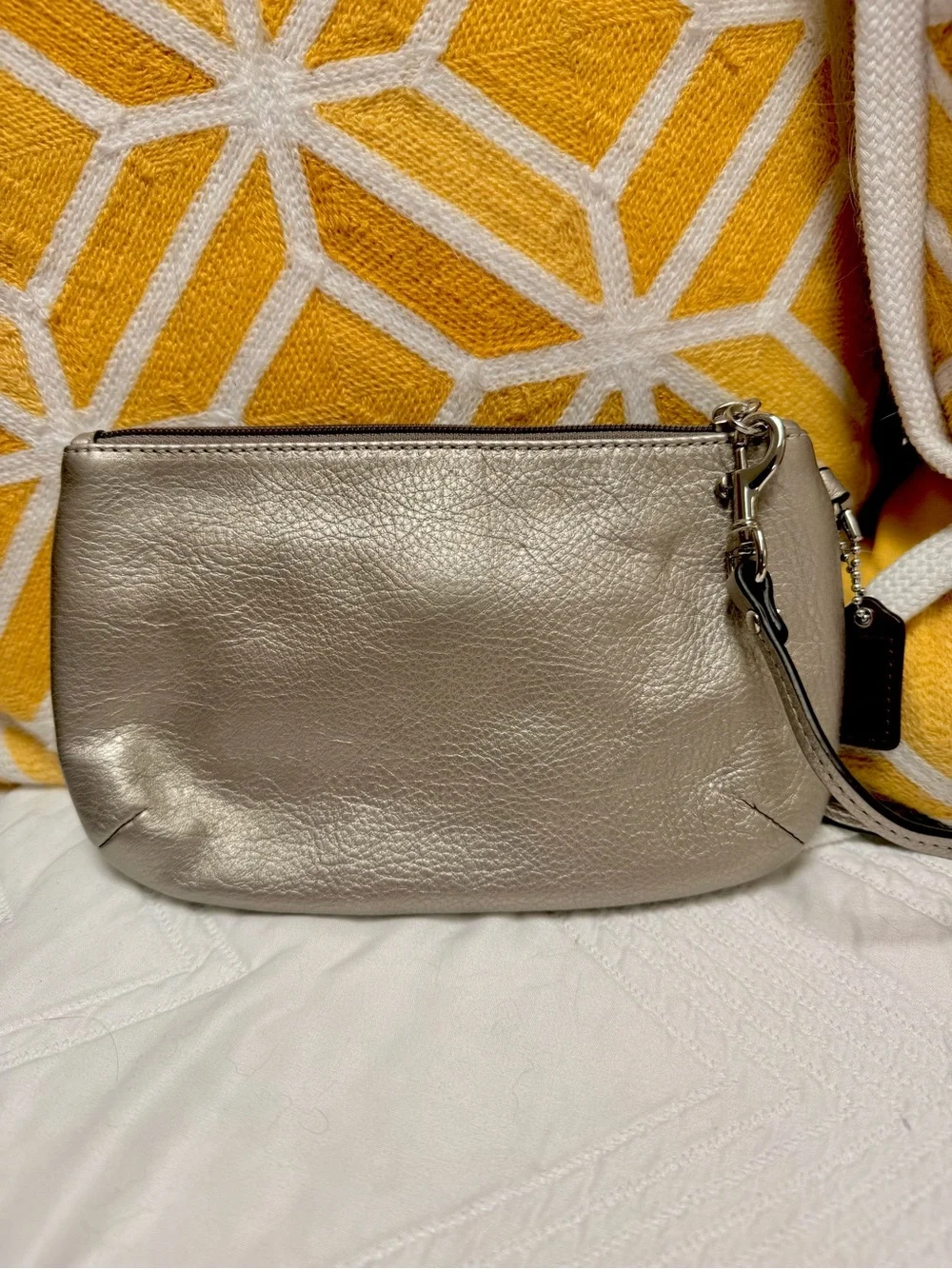 Coach Metallic Taupe Leather Wristlet with Silver Hardware